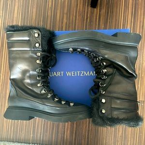 NEW Stuart Weitzman Black Lace Up Leather Faux Fur Jessie Boots Sz 6M